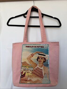 Vintage Y2K Fabulous Fifties Beaded Pink Canvas Tote Bag